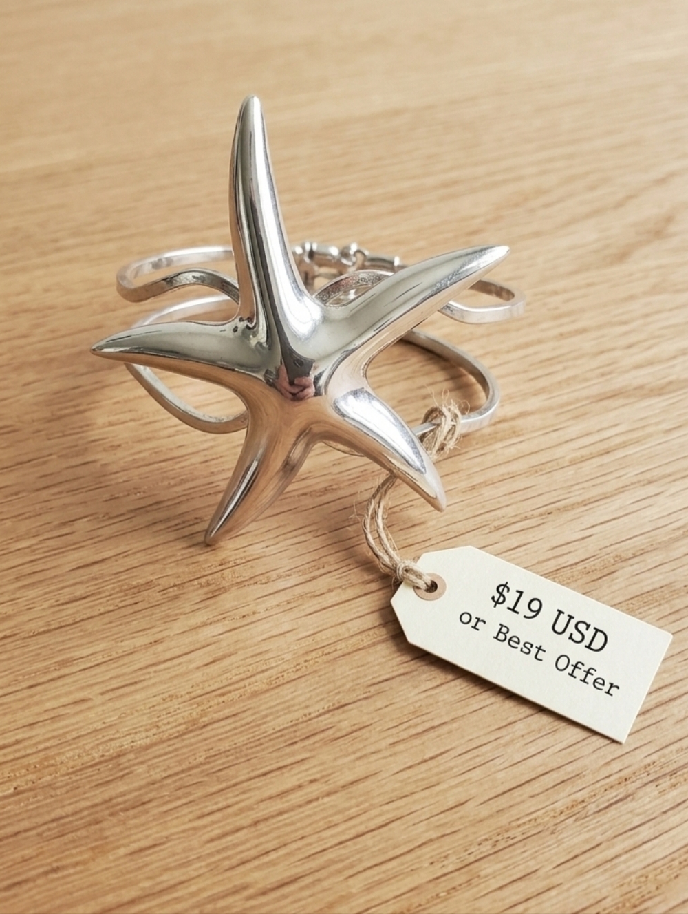 Silver Tone Starfish Hinged Bangle Bracelet Cuff Coastal Beach Nautical